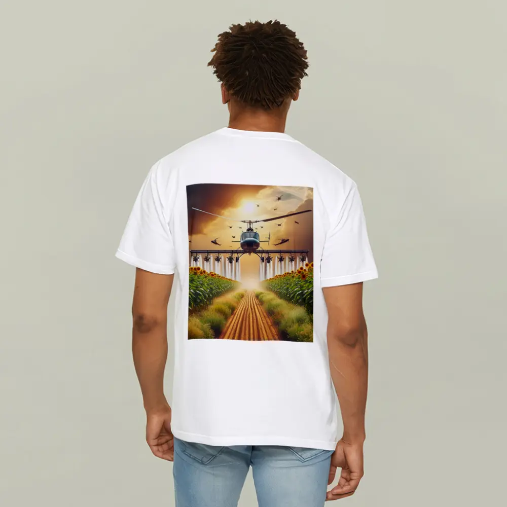 Helicopter Spraying Sunflower Fields Golden Sky – T-Shirts