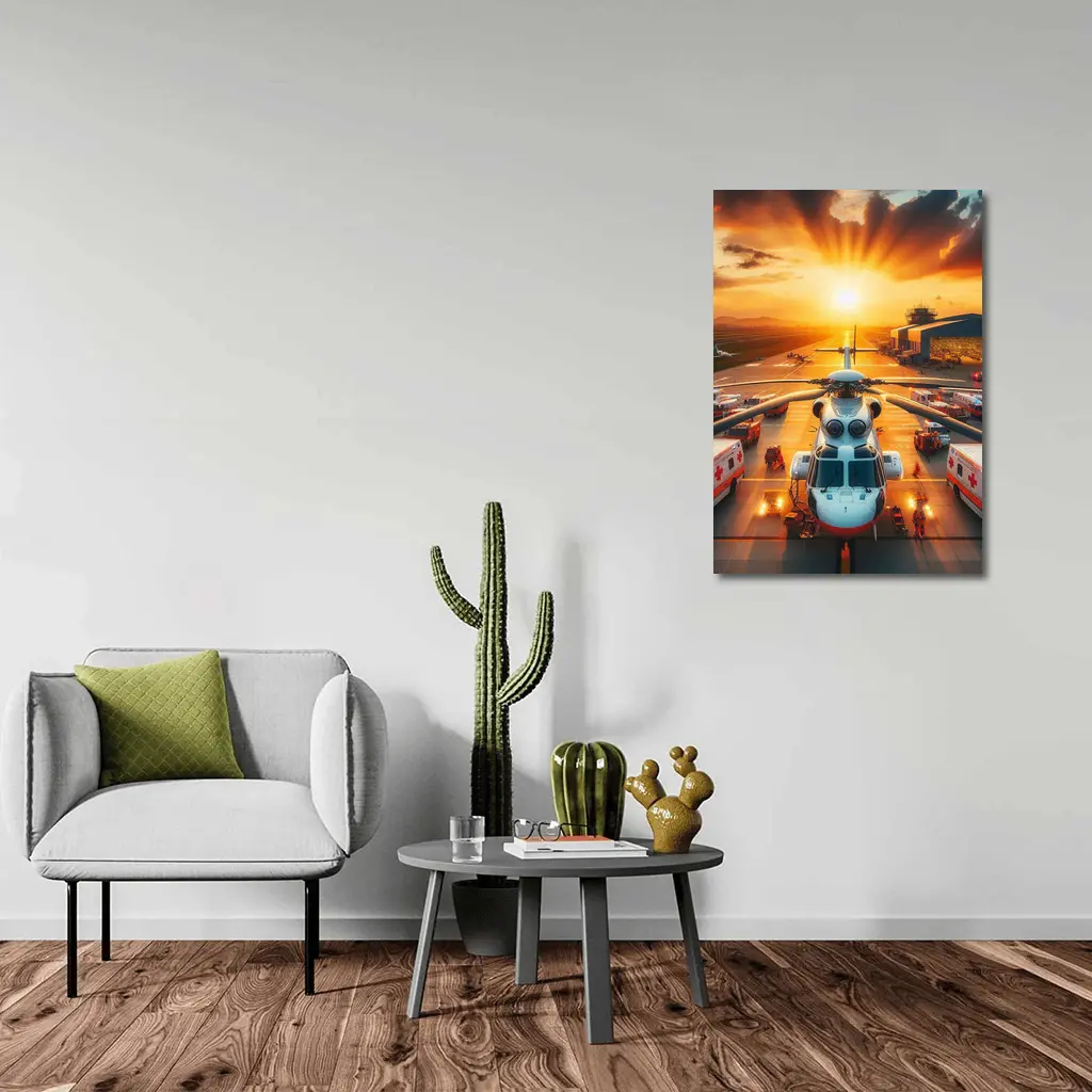 Medical Helicopter Airport Tarmac Sunset Scene – Wall Art