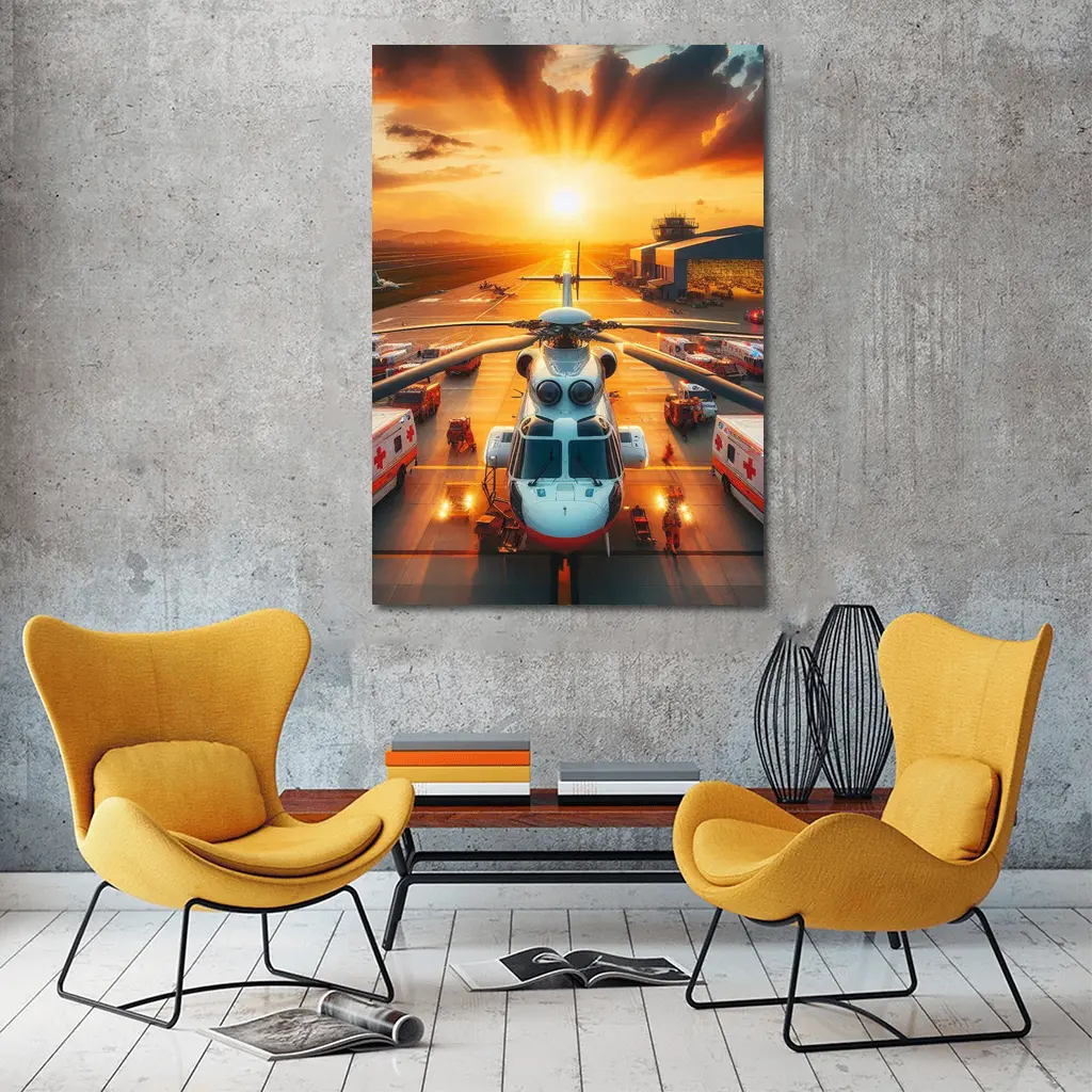 Medical Helicopter Airport Tarmac Sunset Scene – Wall Art