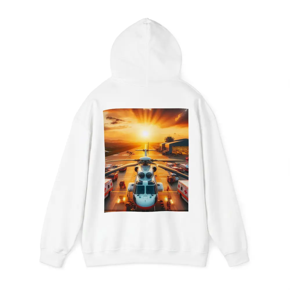 Medical Helicopter Airport Tarmac Sunset Scene – Hoodies