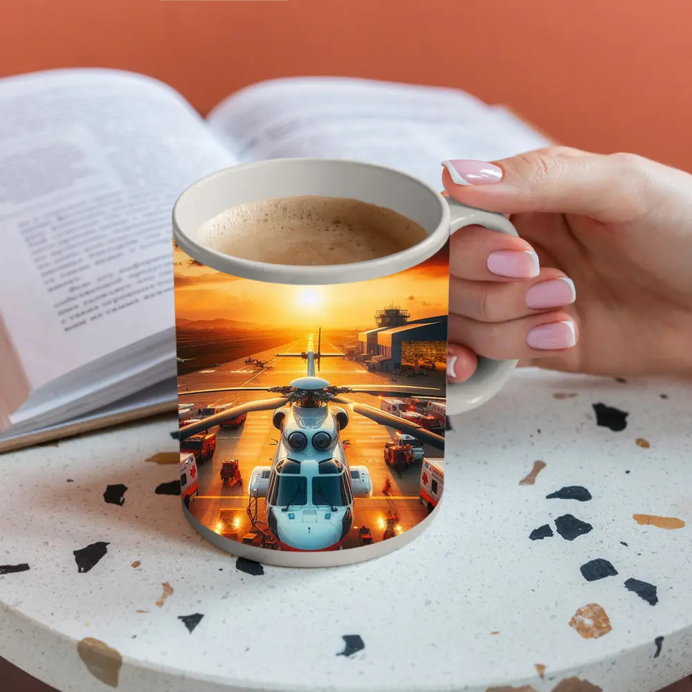 Medical Helicopter Airport Tarmac Sunset Scene – Mugs