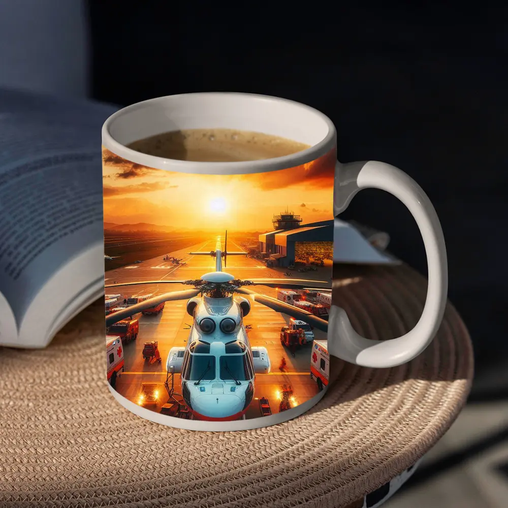 Medical Helicopter Airport Tarmac Sunset Scene – Mugs