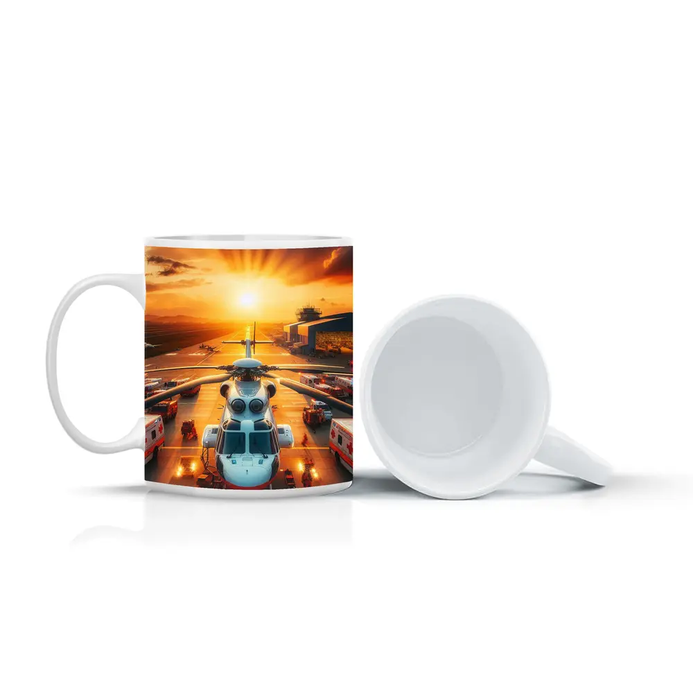 Medical Helicopter Airport Tarmac Sunset Scene – Mugs
