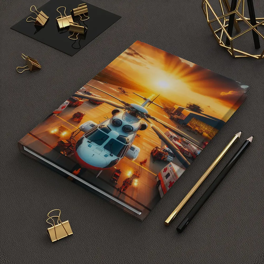 Medical Helicopter Airport Tarmac Sunset Scene – Notebooks