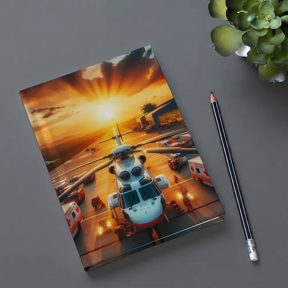 Medical Helicopter Airport Tarmac Sunset Scene – Notebooks
