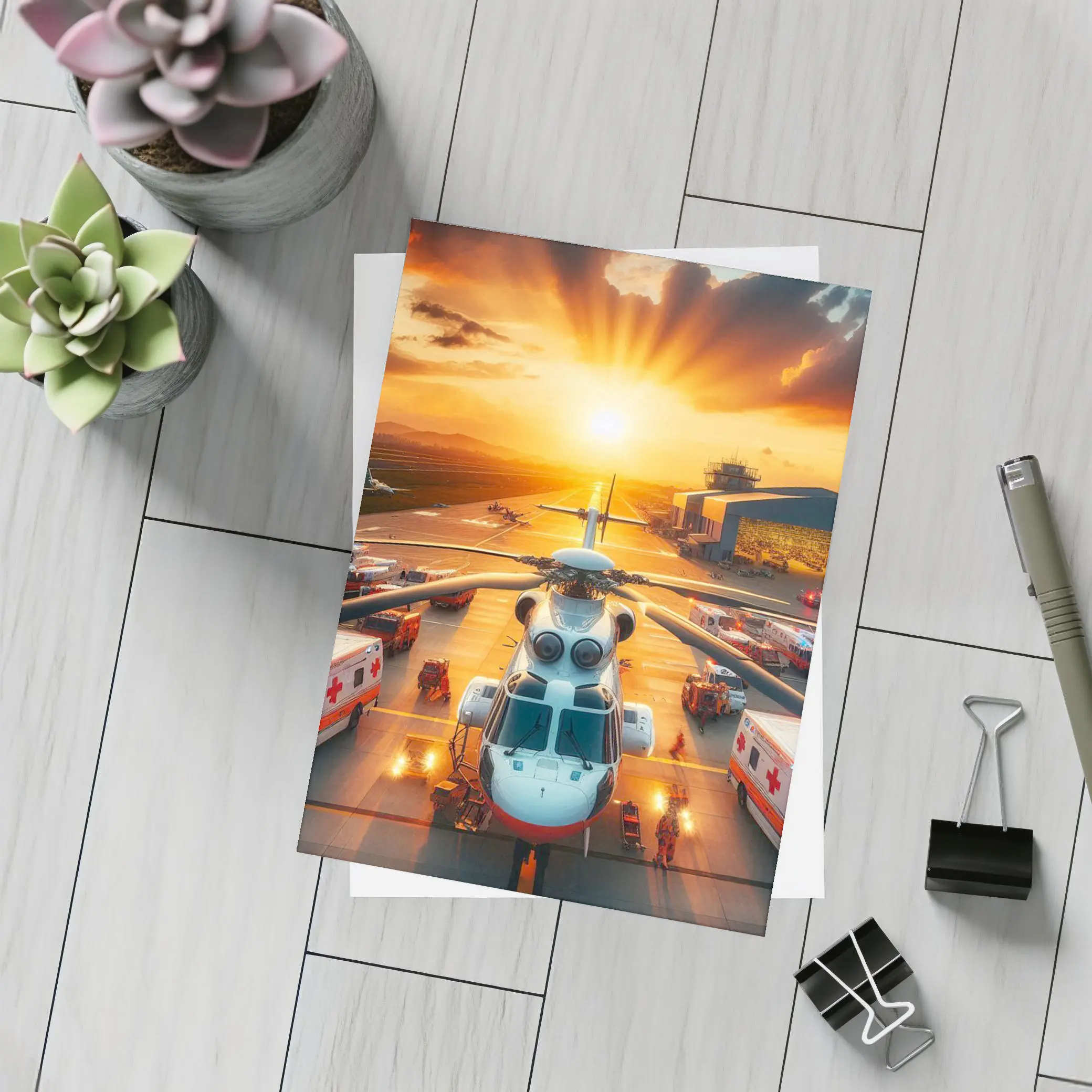 Medical Helicopter Airport Tarmac Sunset Scene – Postcards