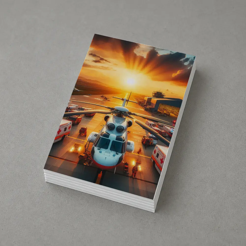 Medical Helicopter Airport Tarmac Sunset Scene – Postcards