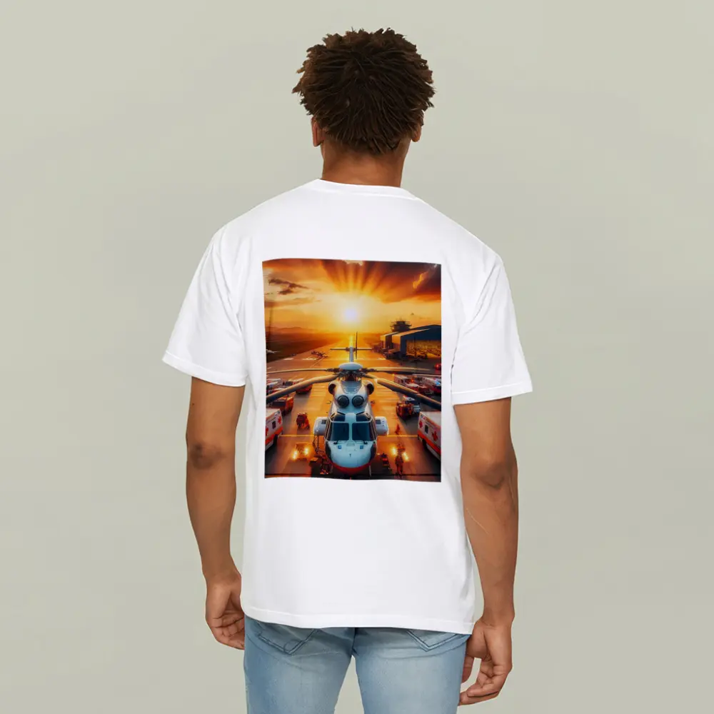 Medical Helicopter Airport Tarmac Sunset Scene – T-Shirts
