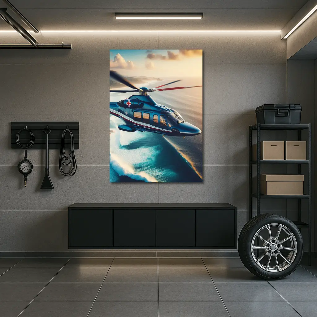 Medical Rescue Helicopter Flying Over Ocean Coast – Wall Art