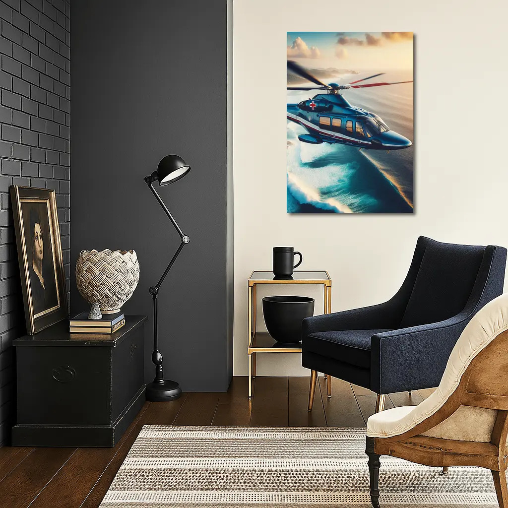 Medical Rescue Helicopter Flying Over Ocean Coast – Wall Art