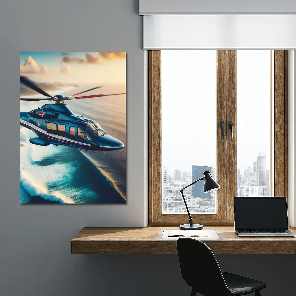 Medical Rescue Helicopter Flying Over Ocean Coast – Wall Art