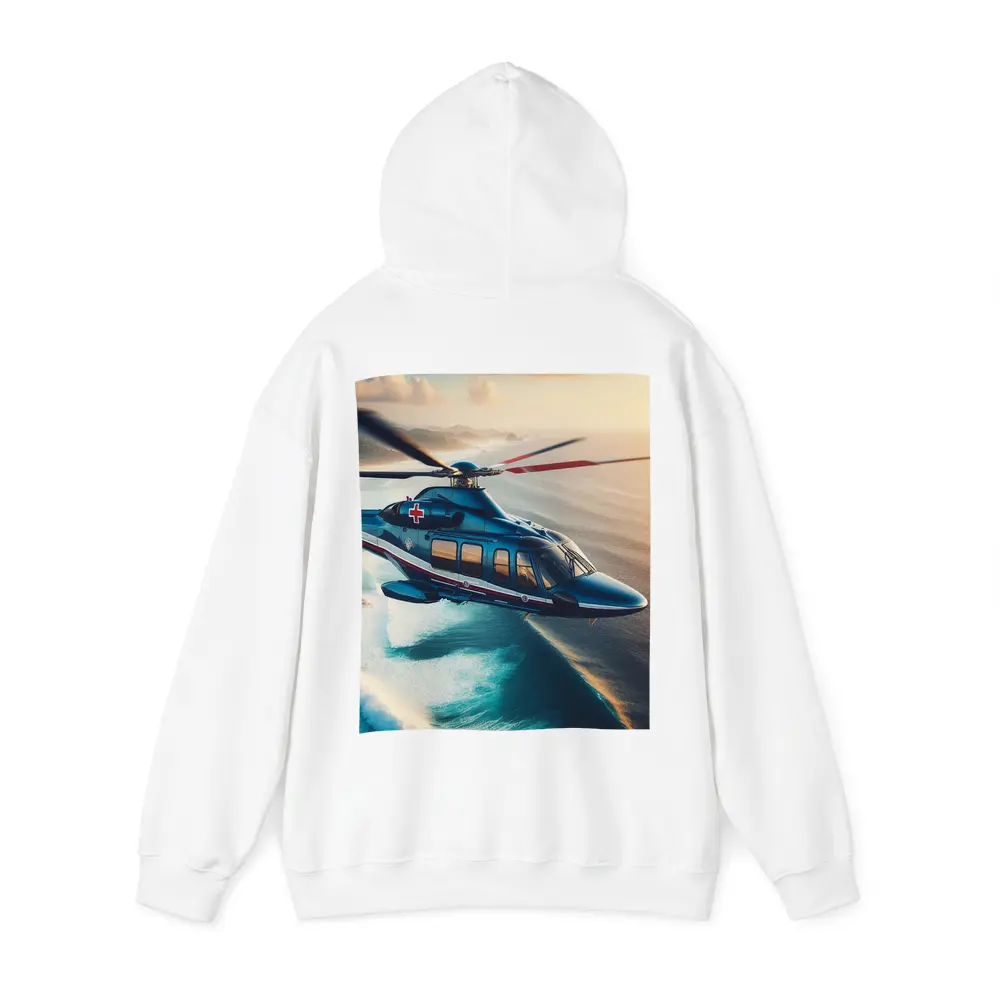 Medical Rescue Helicopter Flying Over Ocean Coast – Hoodies