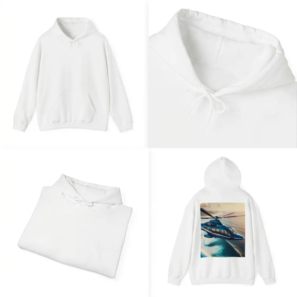 Medical Rescue Helicopter Flying Over Ocean Coast – Hoodies