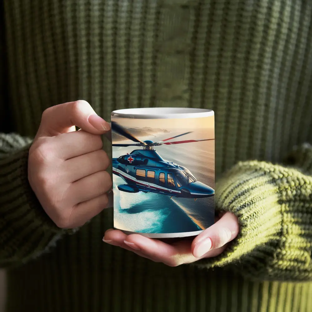 Medical Rescue Helicopter Flying Over Ocean Coast – Mugs