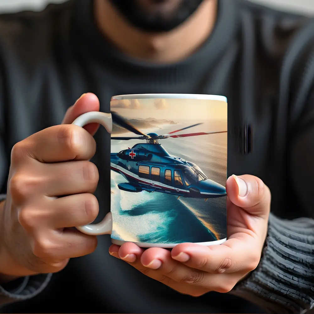 Medical Rescue Helicopter Flying Over Ocean Coast – Mugs