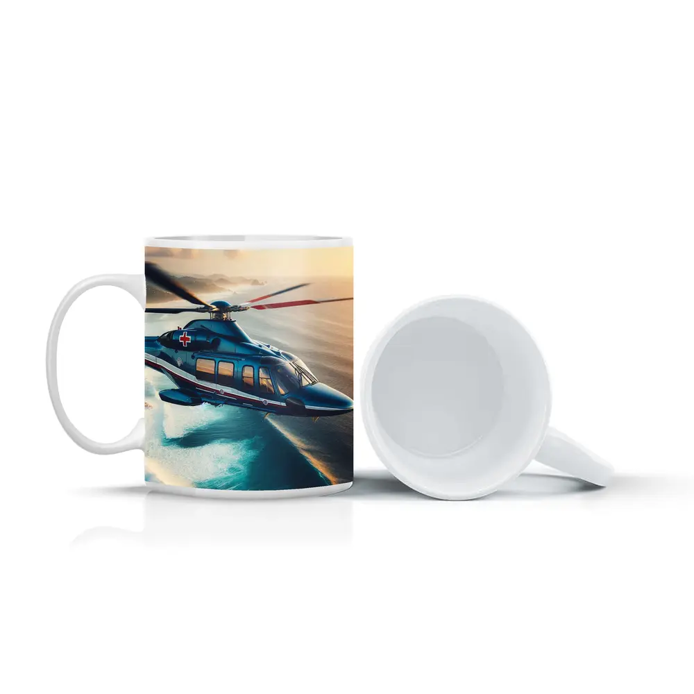 Medical Rescue Helicopter Flying Over Ocean Coast – Mugs