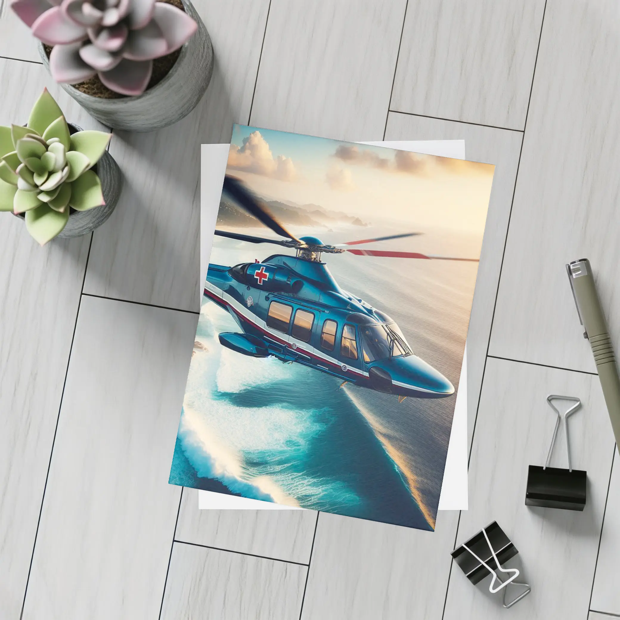 Medical Rescue Helicopter Flying Over Ocean Coast – Postcards