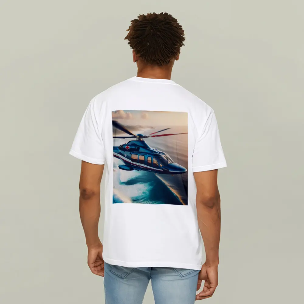 Medical Rescue Helicopter Flying Over Ocean Coast – T-Shirts