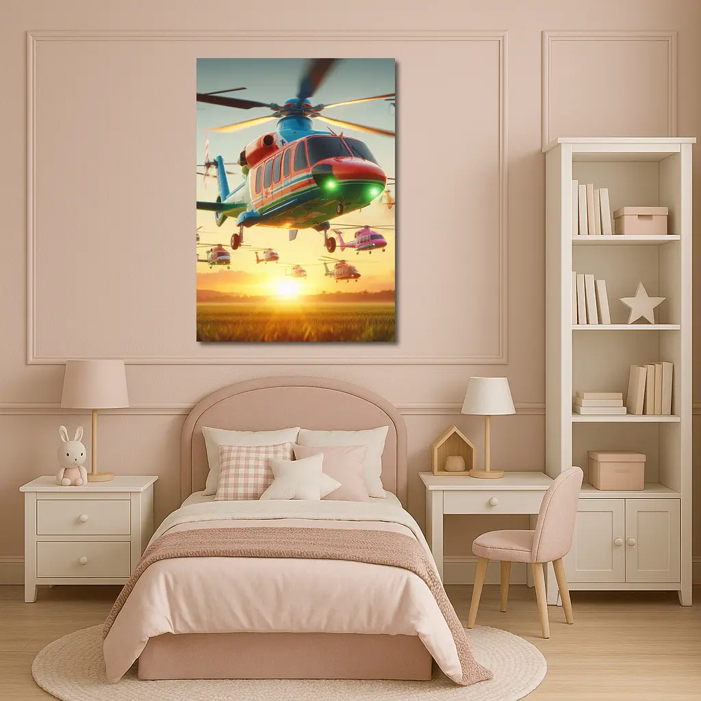 Colorful Helicopters Flying Over Sunset Field – Wall Art