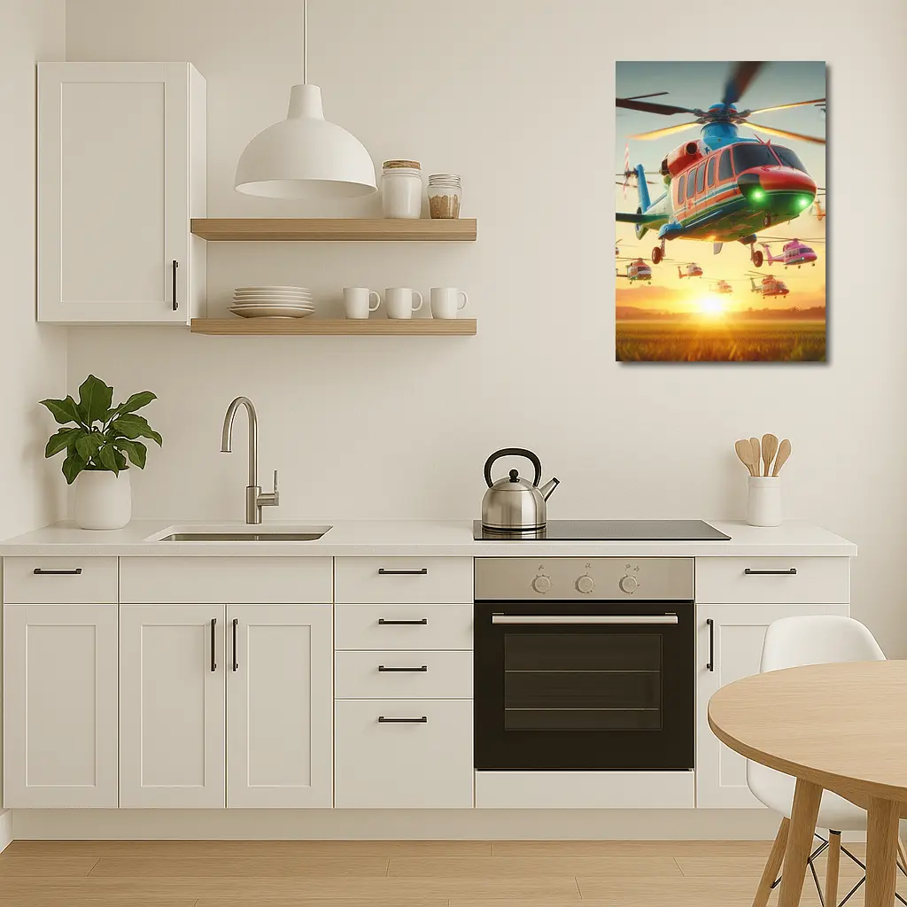 Colorful Helicopters Flying Over Sunset Field – Wall Art
