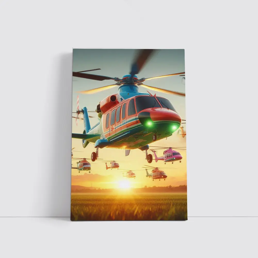 Colorful Helicopters Flying Over Sunset Field – Wall Art