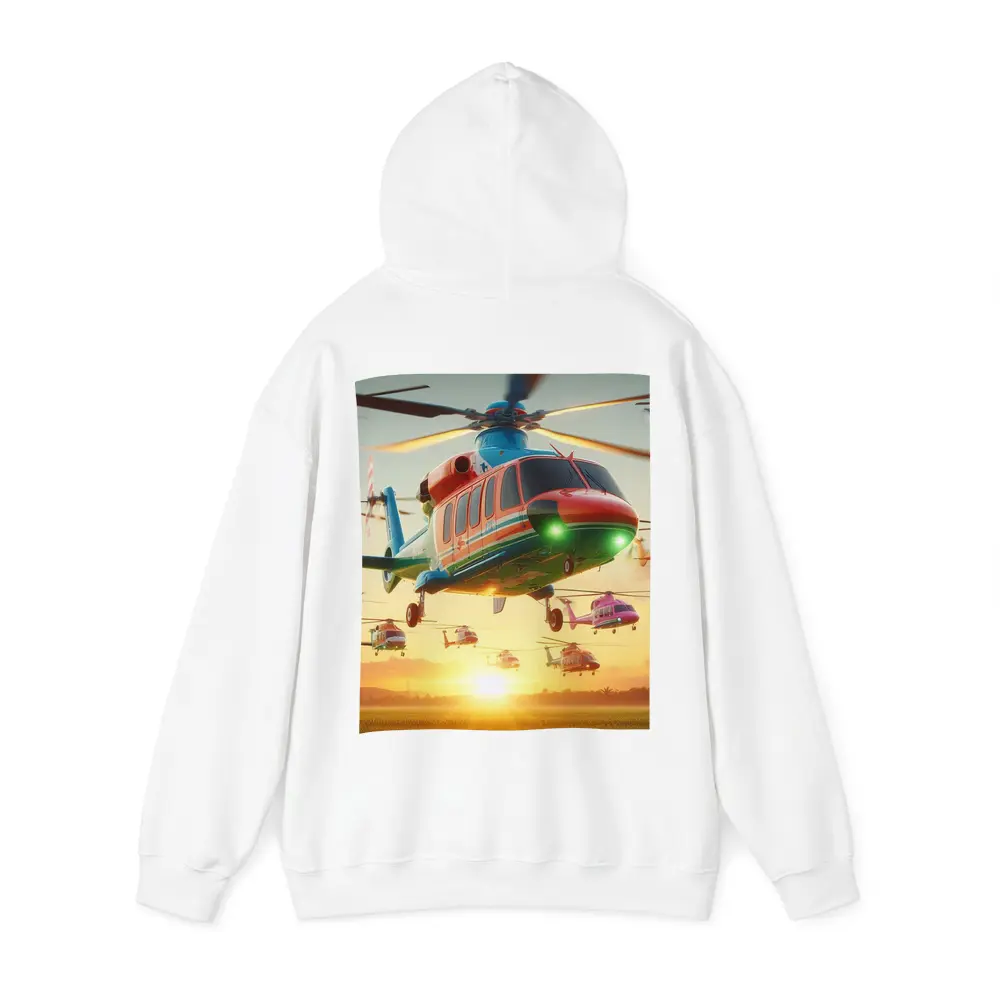 Colorful Helicopters Flying Over Sunset Field – Hoodies