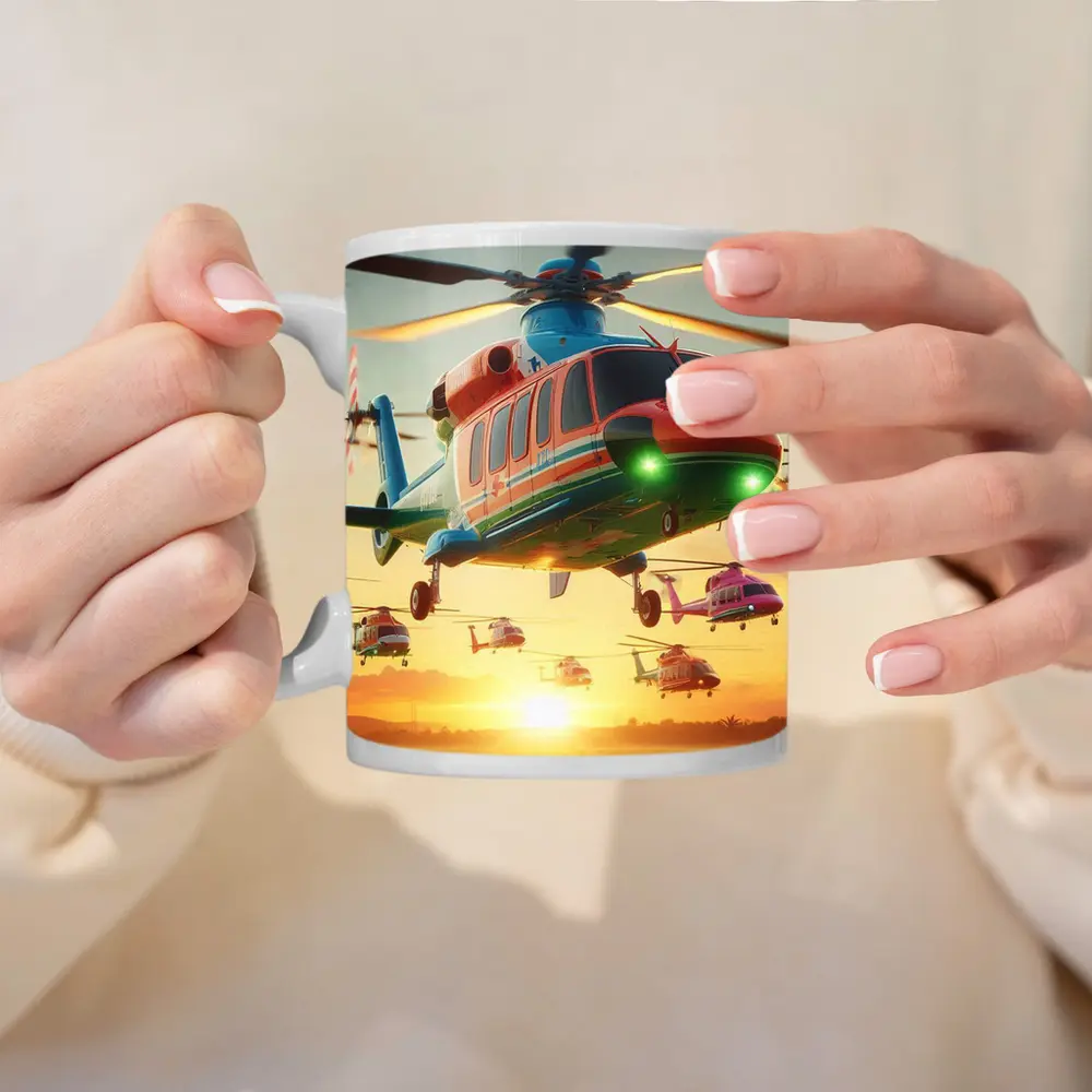 Colorful Helicopters Flying Over Sunset Field – Mugs