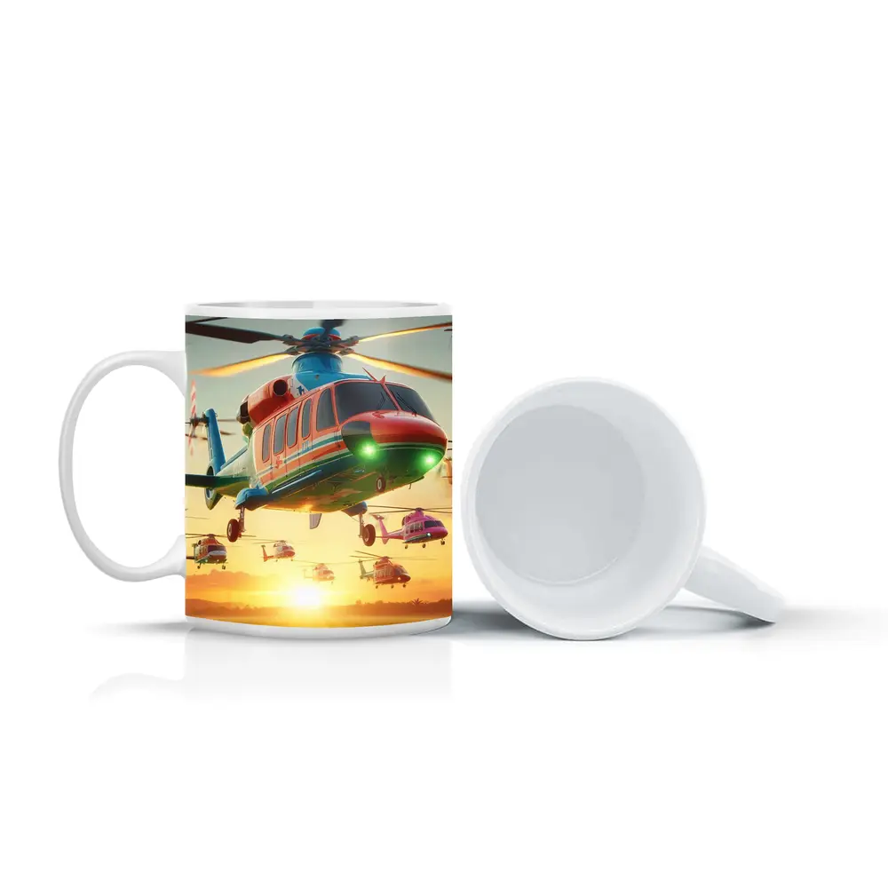 Colorful Helicopters Flying Over Sunset Field – Mugs