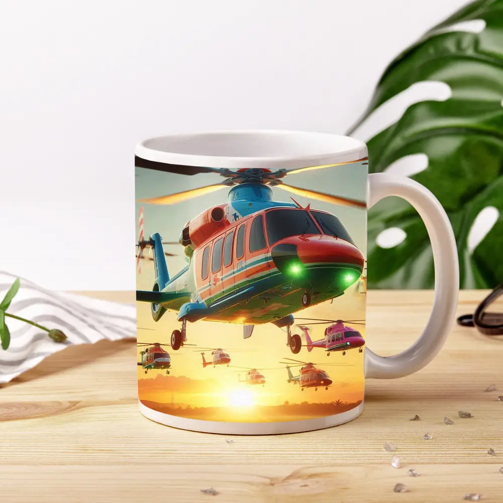 Colorful Helicopters Flying Over Sunset Field – Mugs