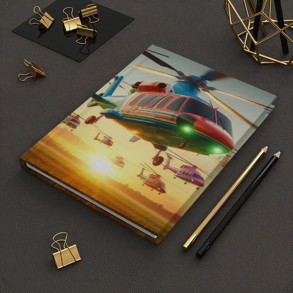 Colorful Helicopters Flying Over Sunset Field – Notebooks