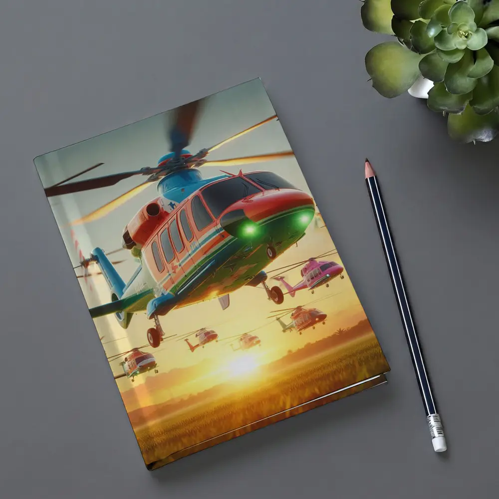 Colorful Helicopters Flying Over Sunset Field – Notebooks