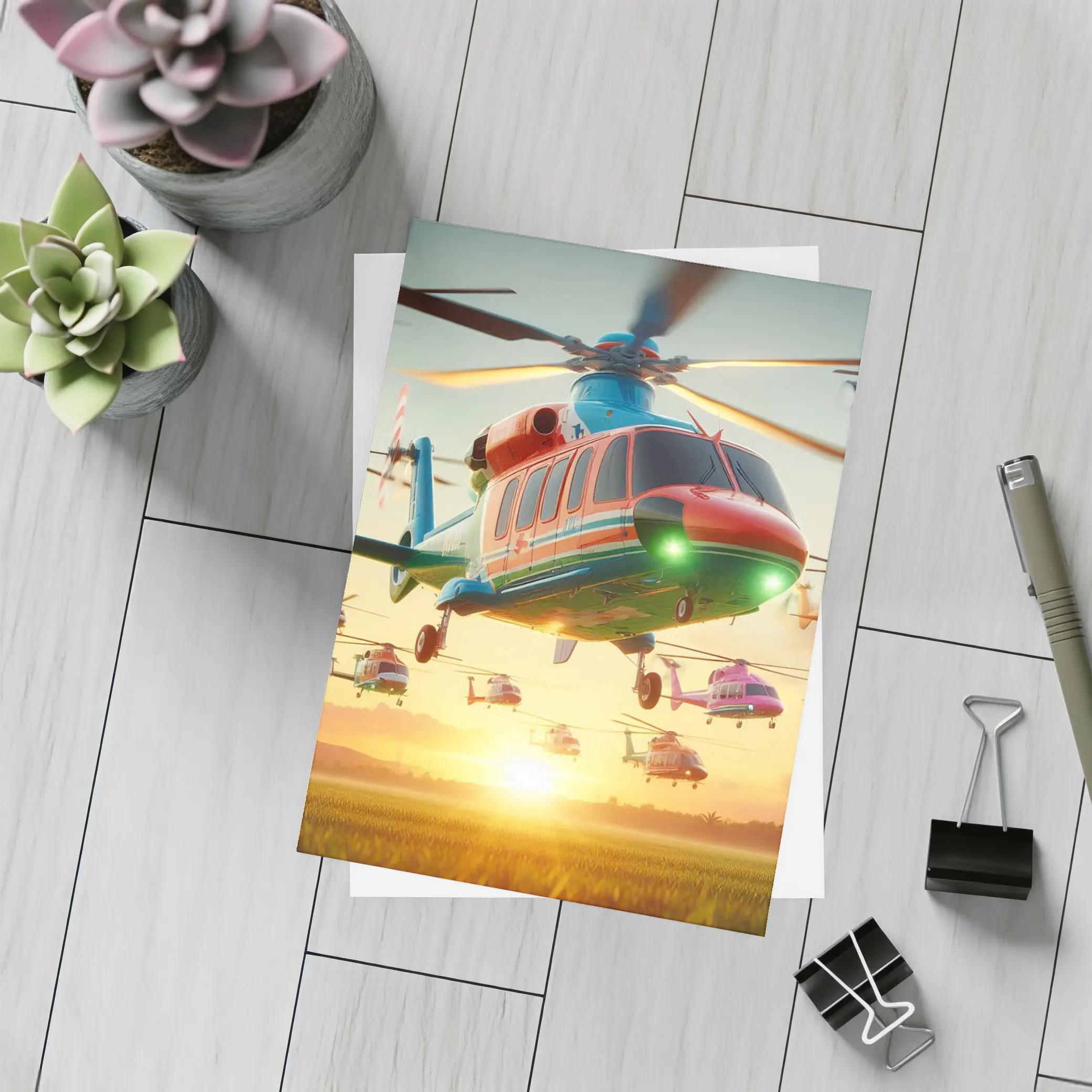 Colorful Helicopters Flying Over Sunset Field – Postcards