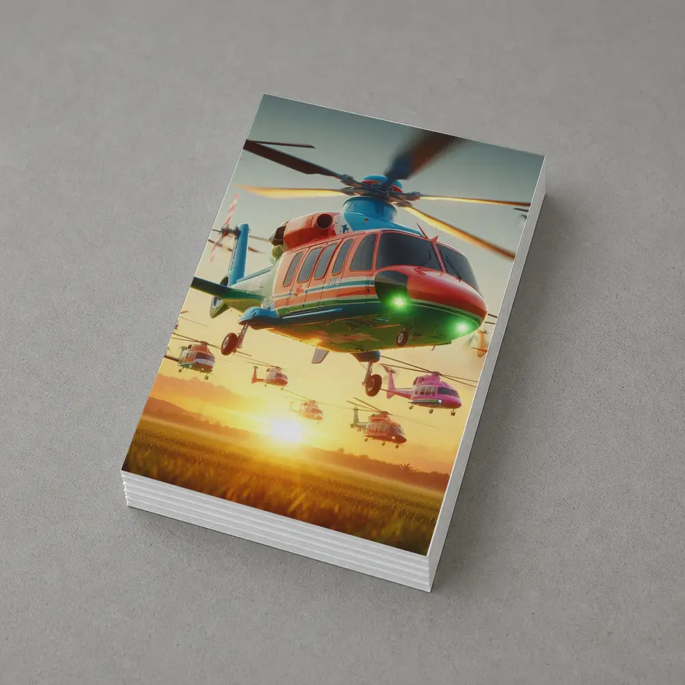 Colorful Helicopters Flying Over Sunset Field – Postcards
