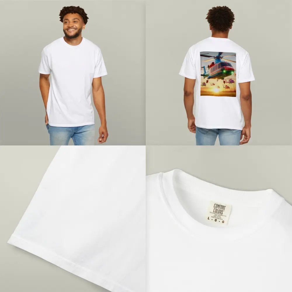 Colorful Helicopters Flying Over Sunset Field – T-Shirts