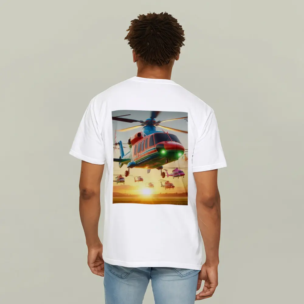 Colorful Helicopters Flying Over Sunset Field – T-Shirts