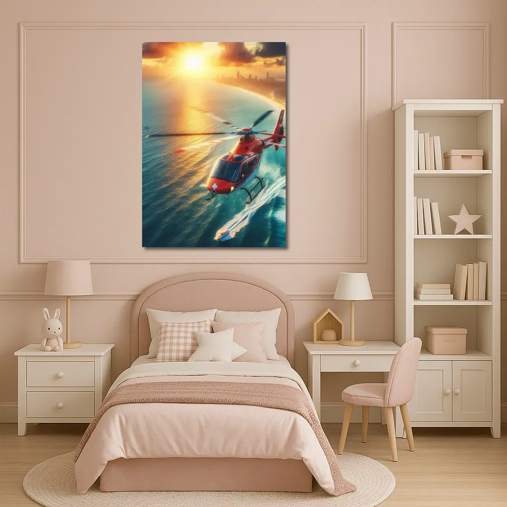 Red Rescue Helicopter Flying Over Coastal Sunset – Wall Art