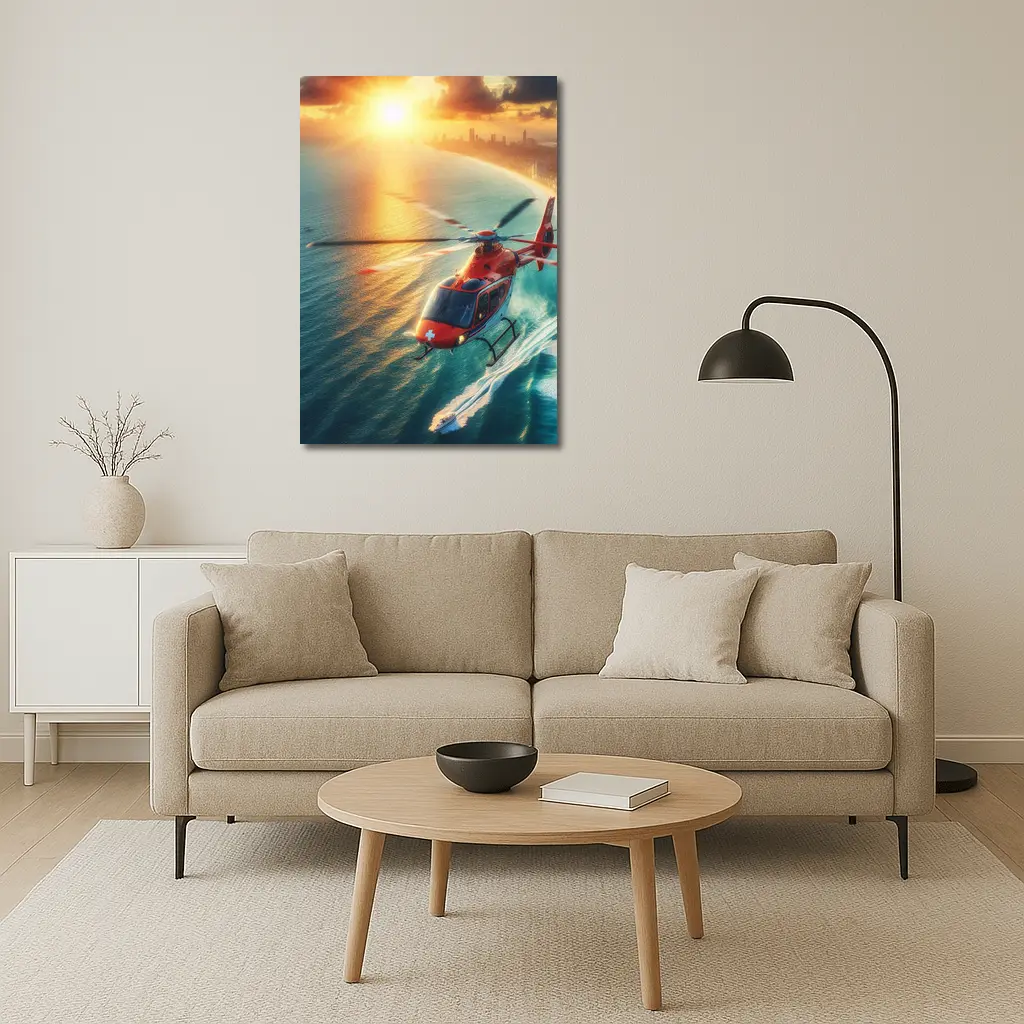 Red Rescue Helicopter Flying Over Coastal Sunset – Wall Art