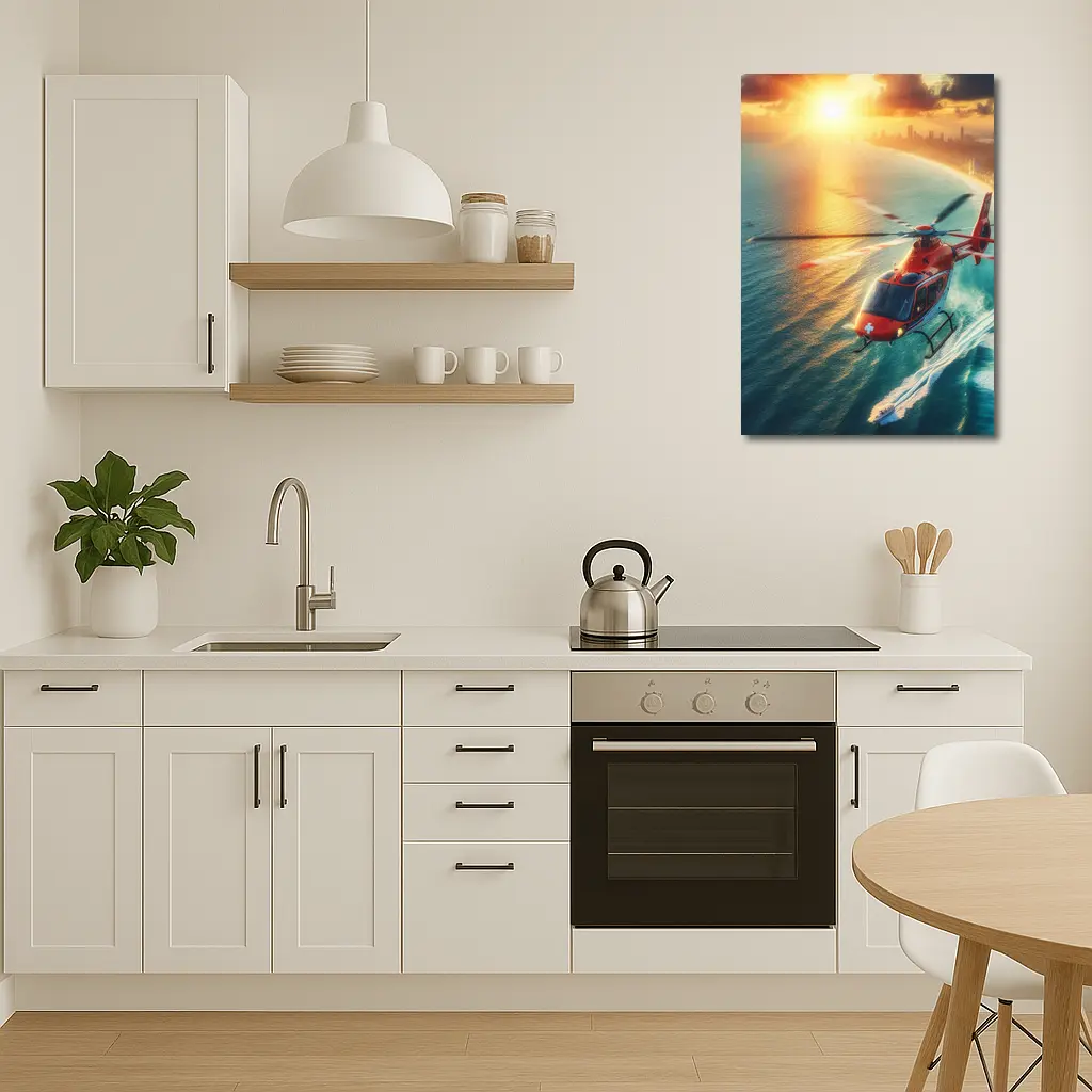 Red Rescue Helicopter Flying Over Coastal Sunset – Wall Art