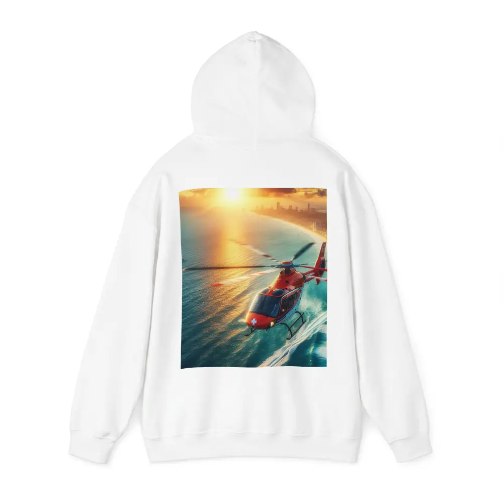 Red Rescue Helicopter Flying Over Coastal Sunset – Hoodies