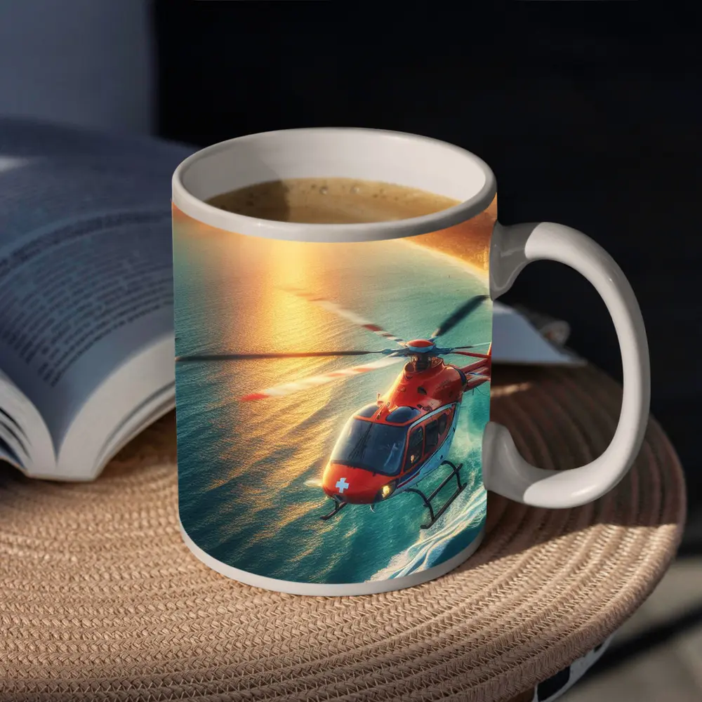 Red Rescue Helicopter Flying Over Coastal Sunset – Mugs