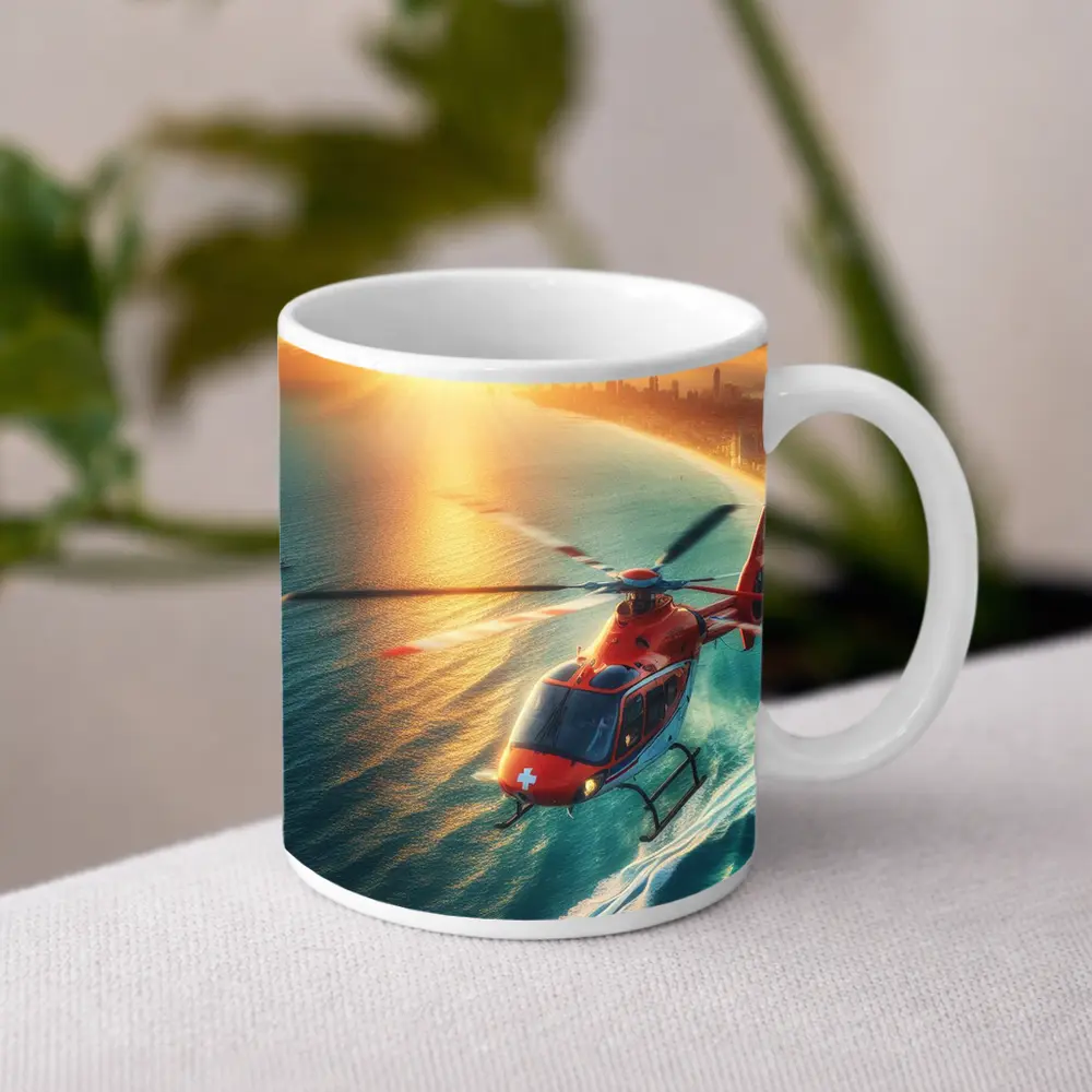 Red Rescue Helicopter Flying Over Coastal Sunset – Mugs