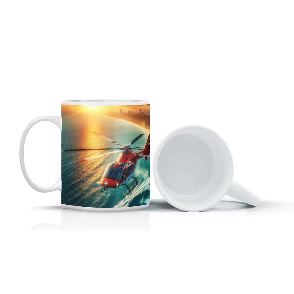 Red Rescue Helicopter Flying Over Coastal Sunset – Mugs