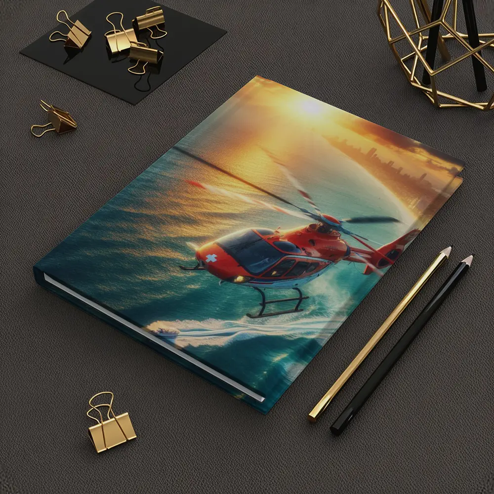 Red Rescue Helicopter Flying Over Coastal Sunset – Notebooks