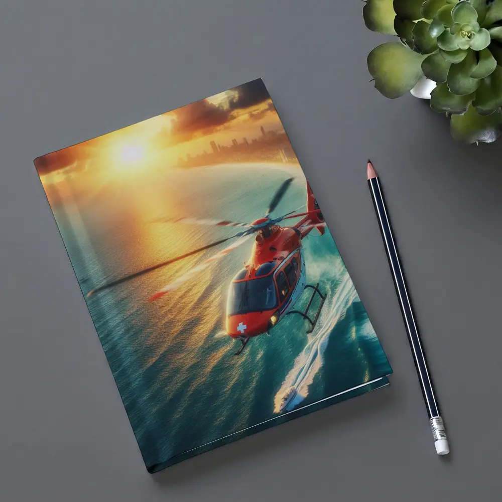 Red Rescue Helicopter Flying Over Coastal Sunset – Notebooks