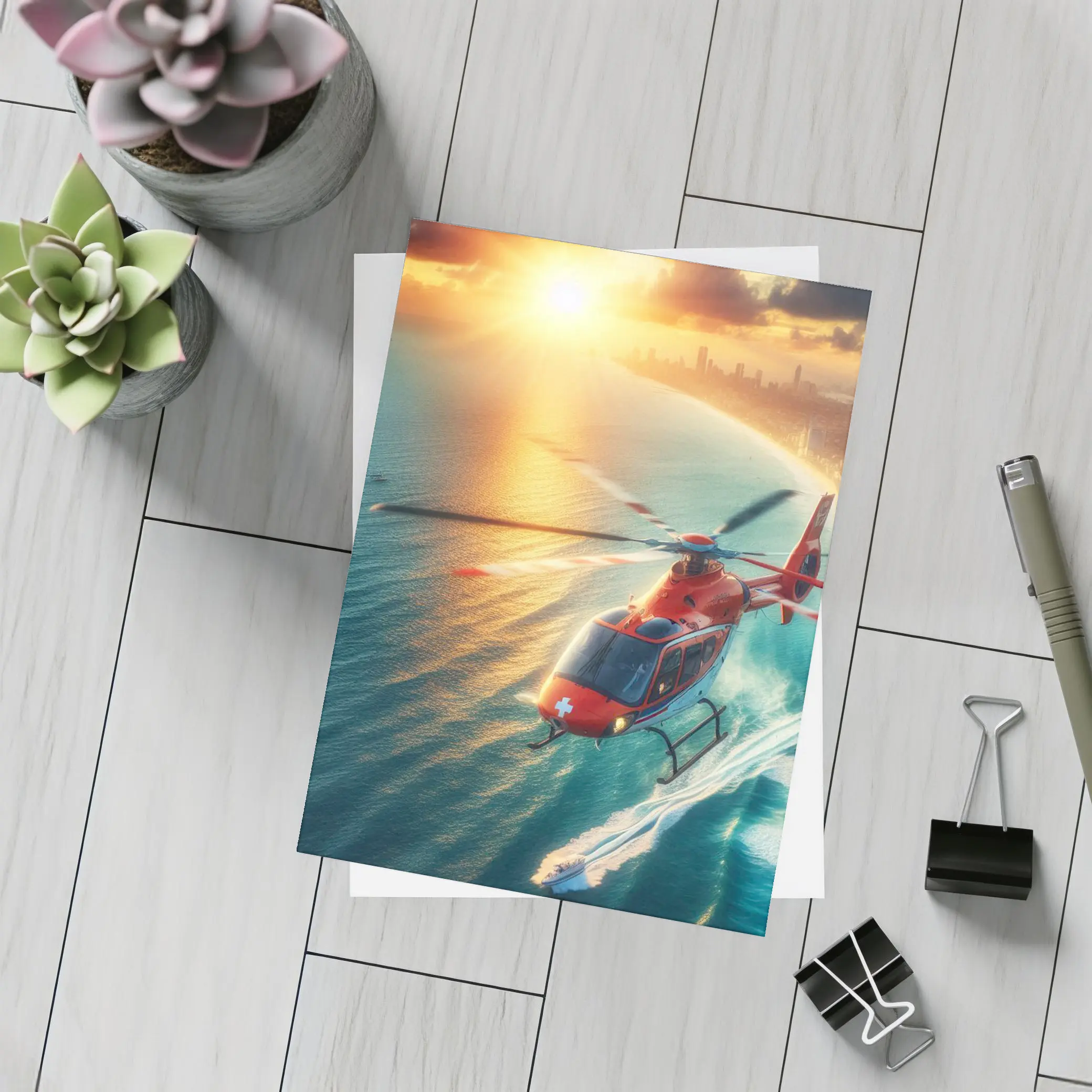 Red Rescue Helicopter Flying Over Coastal Sunset – Postcards