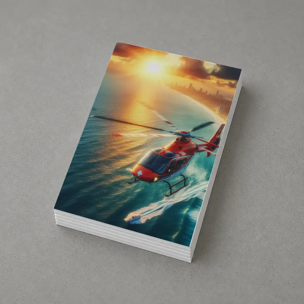 Red Rescue Helicopter Flying Over Coastal Sunset – Postcards