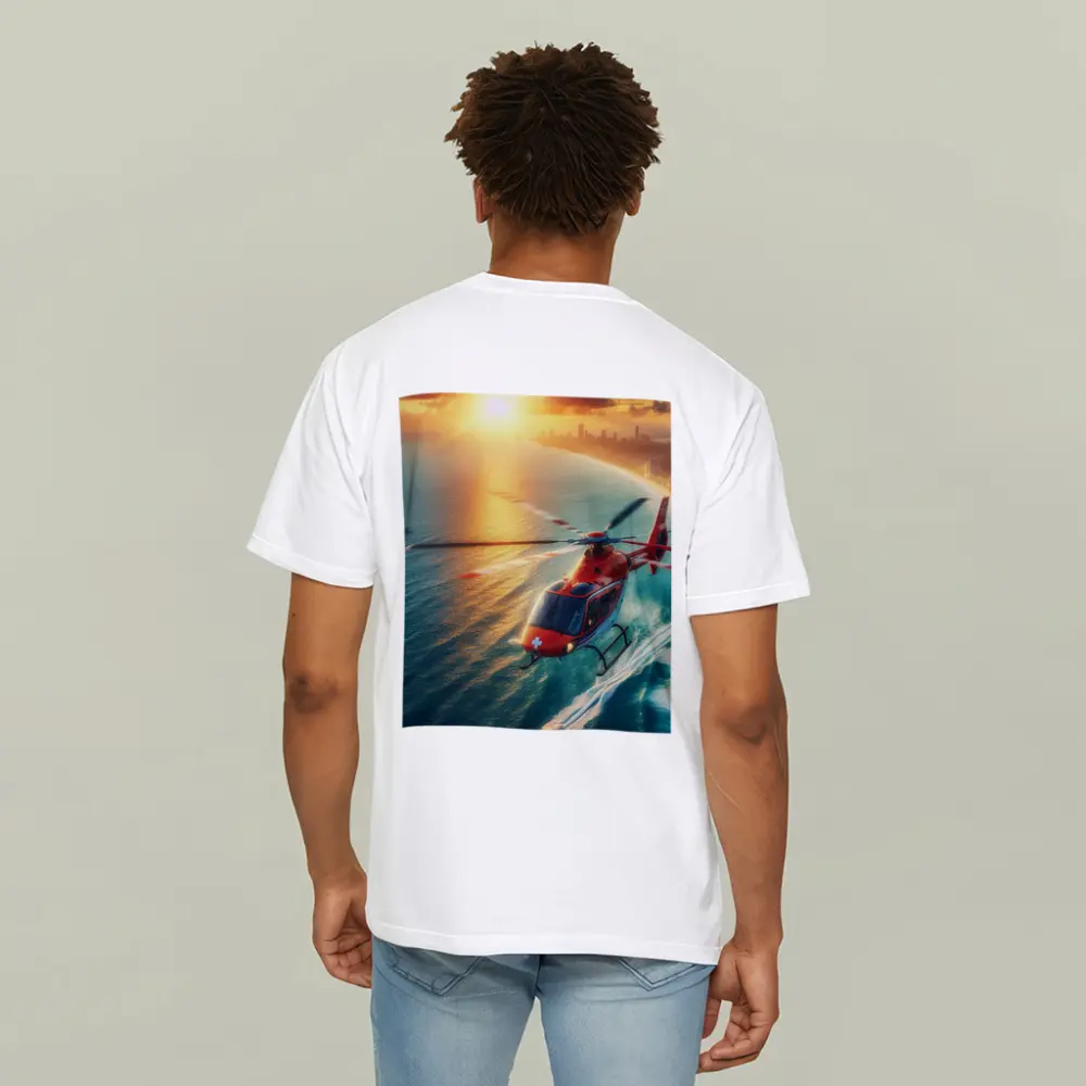 Red Rescue Helicopter Flying Over Coastal Sunset – T-Shirts