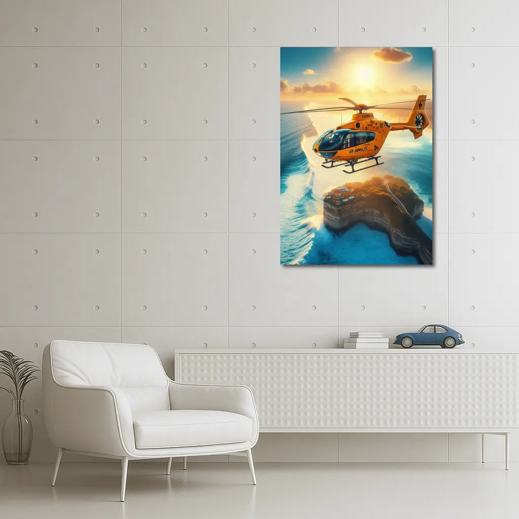 Orange Helicopter Flying Over Coastal Island Sunset – Wall Art