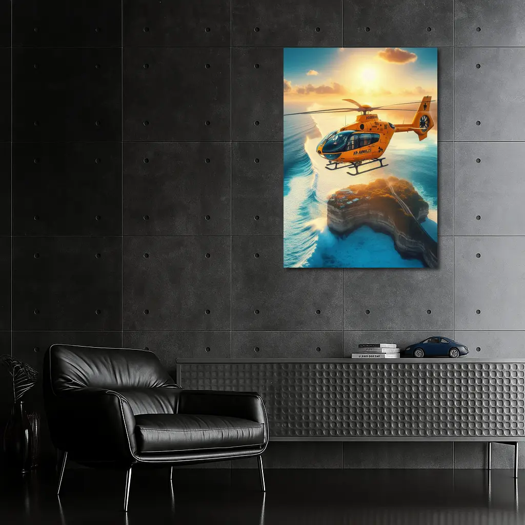 Orange Helicopter Flying Over Coastal Island Sunset – Wall Art