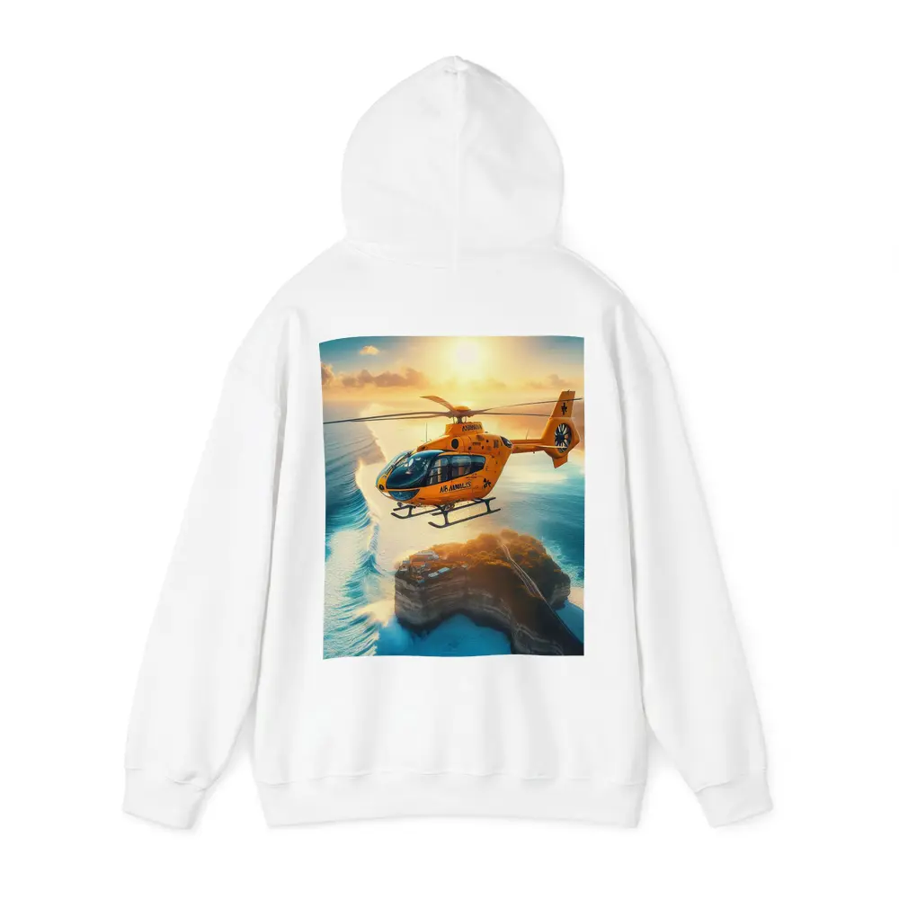 Orange Helicopter Flying Over Coastal Island Sunset – Hoodies